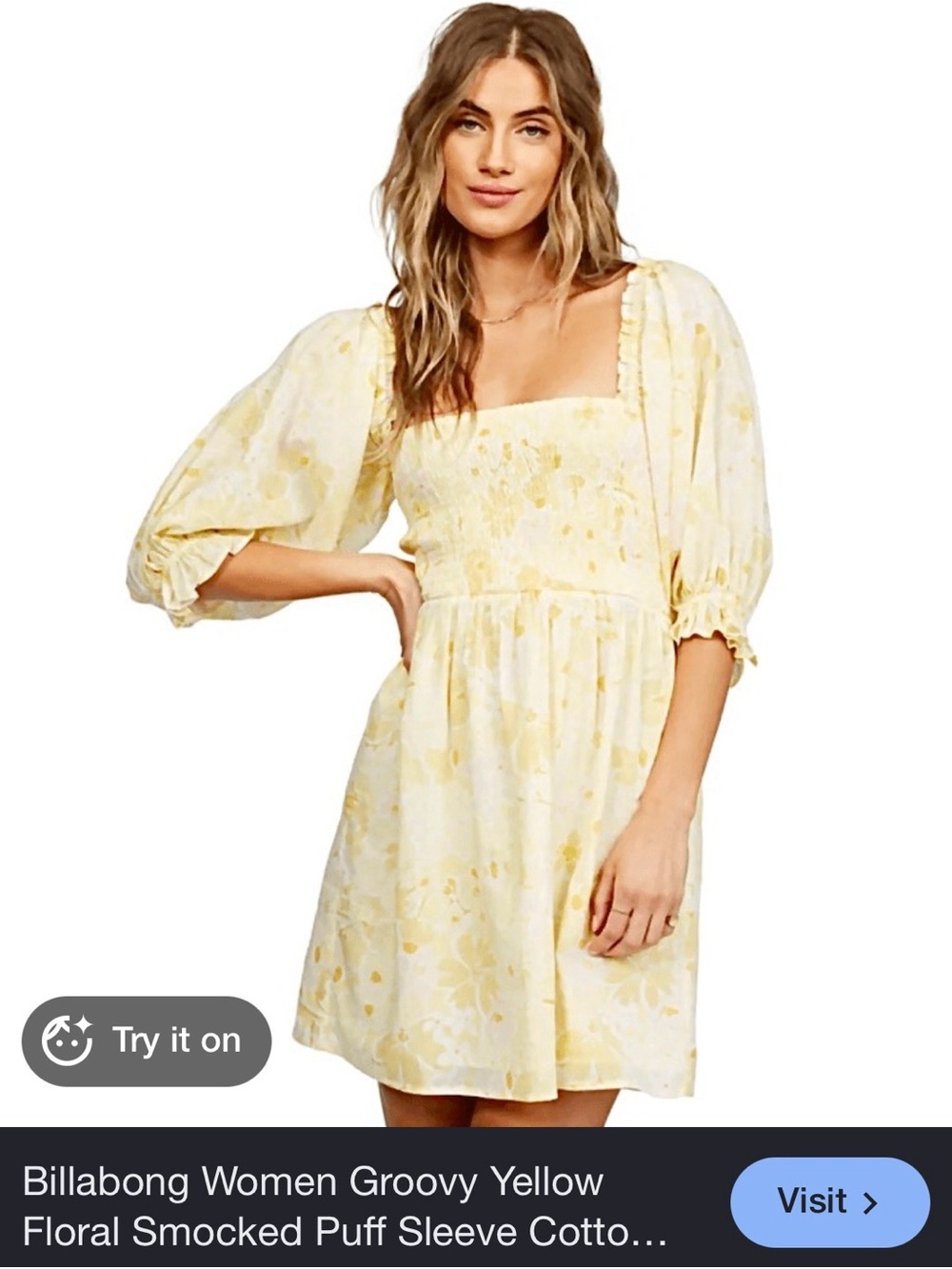 Billabong Pale Yellow Floral Smocked Mini Dress